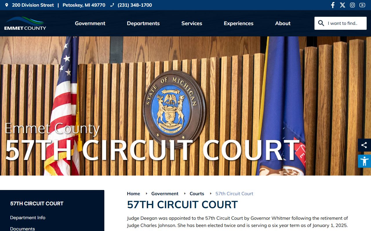 Emmet County 57th Circuit Court page with felony jurisdiction and MiCOURT information