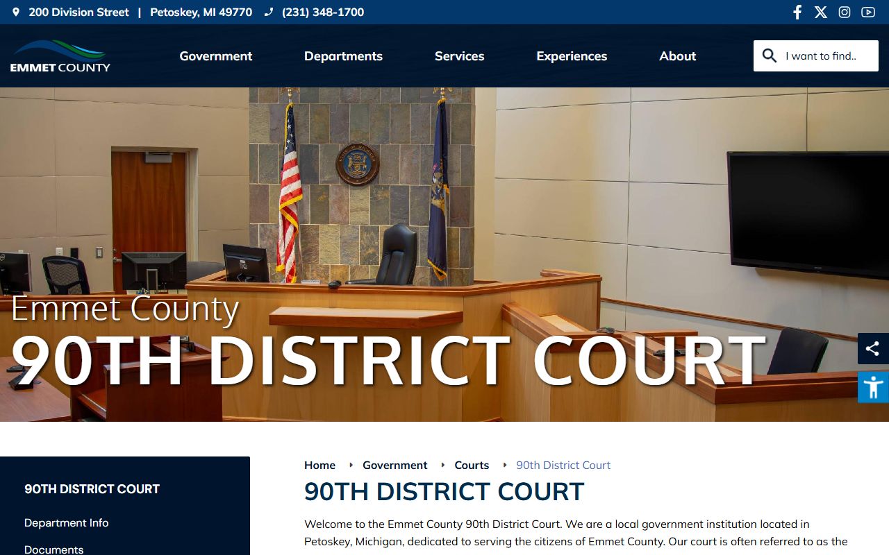 Emmet County 90th District Court page with MiCOURT case search access