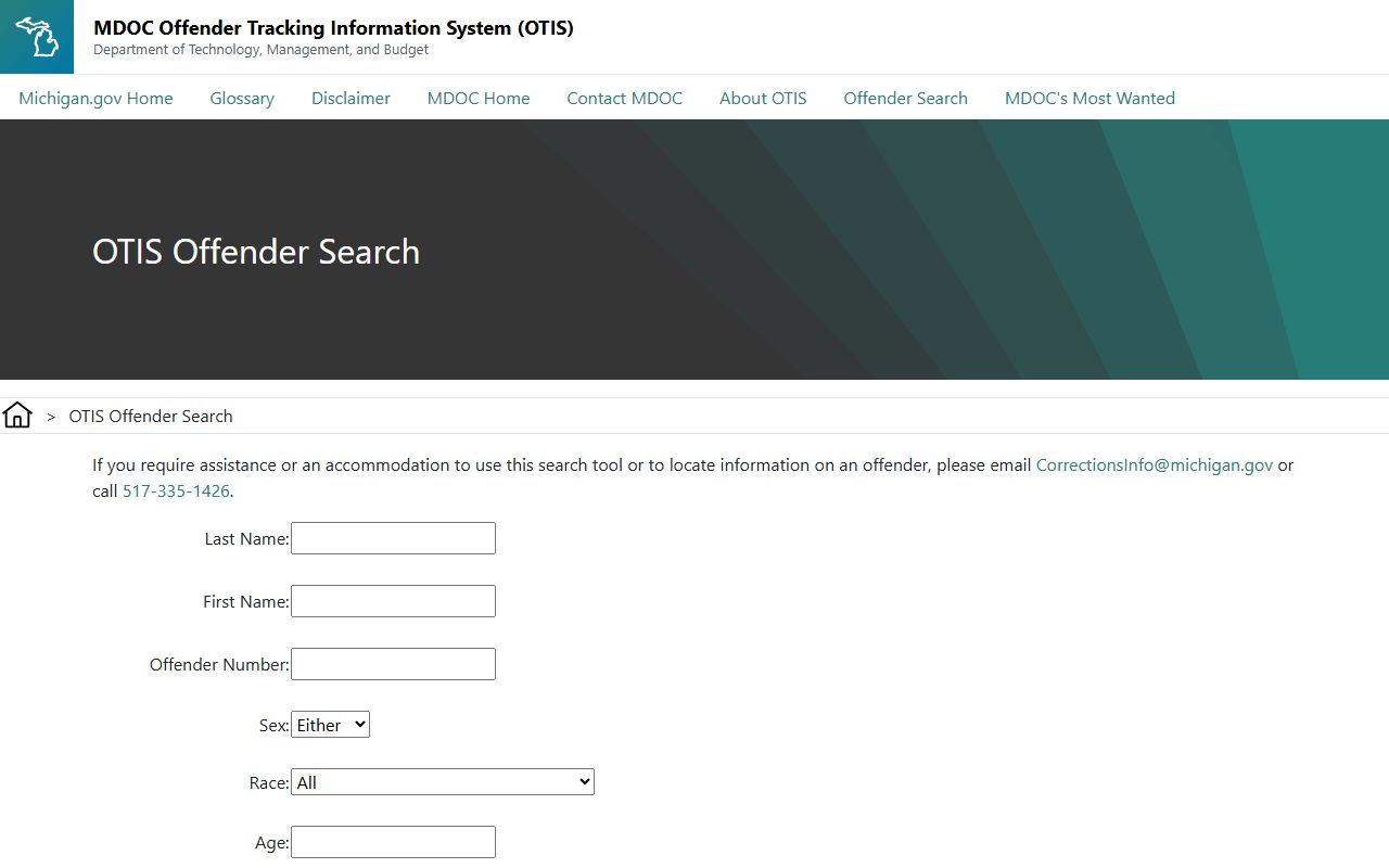 Emmet County inmate population MDOC OTIS search fields